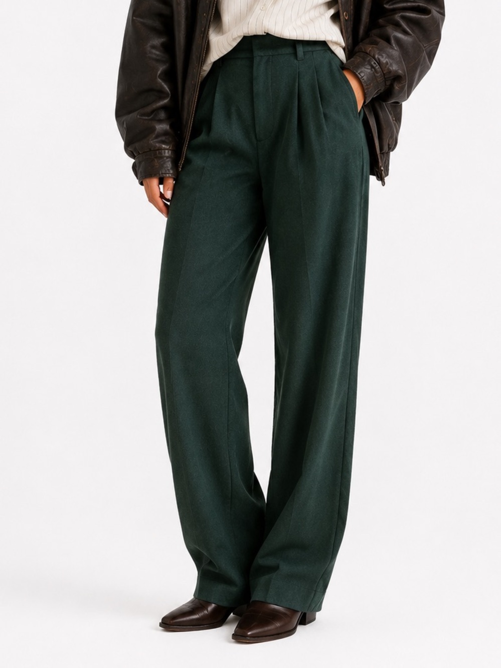 Vintage Dark Green Wool High Waisted Pleated Trousers